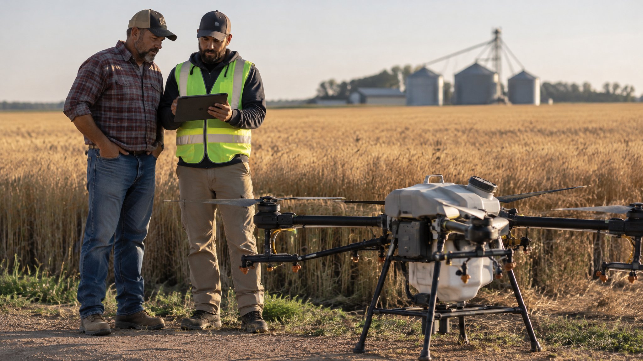Farmer and drone pilot reviewing a crop map on a tablet beside a spray drone in a field